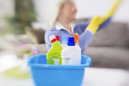 Professional cleaning of a residential corridor and handrails