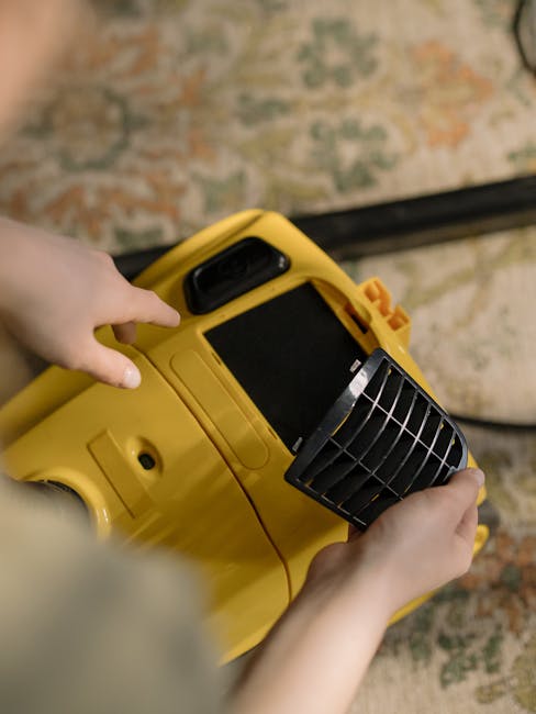 A person is engaged in surface cleaning of a patterned area rug with a handheld vacuum cleaner in a living room. The room features a wooden floor adjacent to the rug, with natural light illuminating t